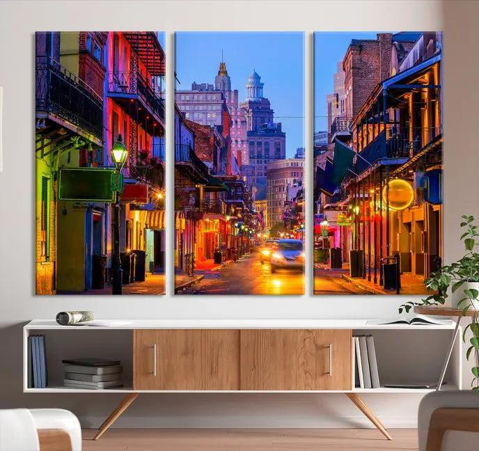 The "New Orleans Louisiana" painting, featuring a vibrant urban street scene and protected with a UV-resistant coating, is crafted on museum-quality polycotton and ready to hang. The artwork adds an elegant touch to the space.