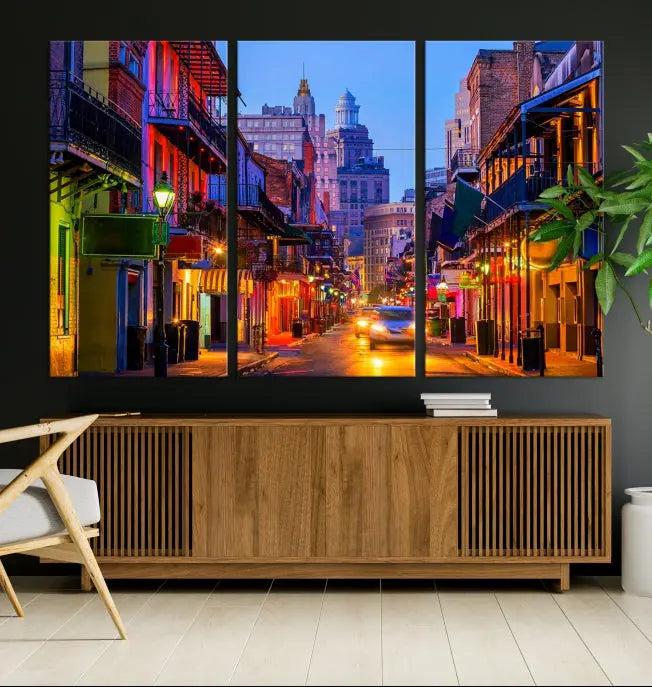 The "New Orleans Louisiana" painting, featuring a vibrant urban street scene and protected with a UV-resistant coating, is crafted on museum-quality polycotton and ready to hang. The artwork adds an elegant touch to the space.