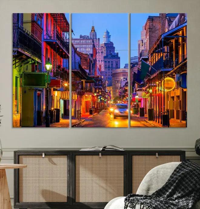 The "New Orleans Louisiana" painting, featuring a vibrant urban street scene and protected with a UV-resistant coating, is crafted on museum-quality polycotton and ready to hang. The artwork adds an elegant touch to the space.