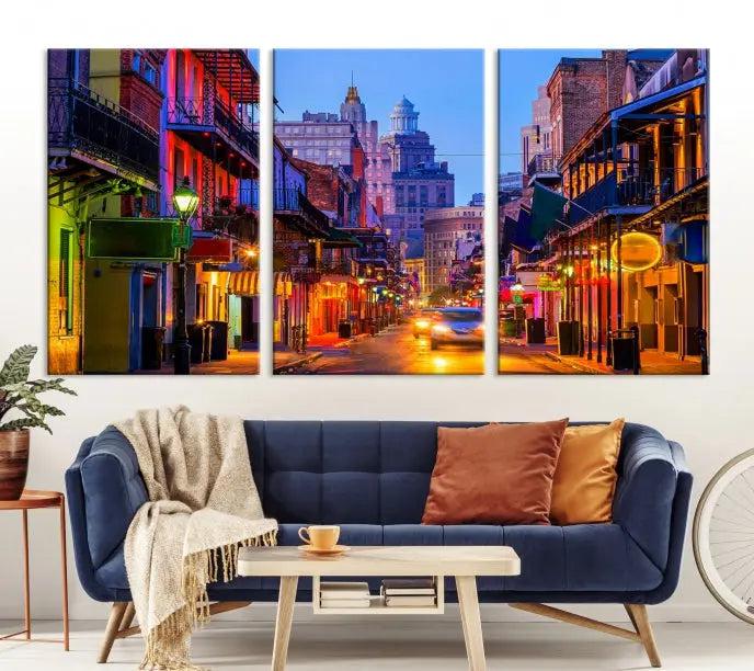 The "New Orleans Louisiana" painting, featuring a vibrant urban street scene and protected with a UV-resistant coating, is crafted on museum-quality polycotton and ready to hang. The artwork adds an elegant touch to the space.