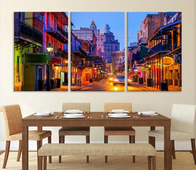 The "New Orleans Louisiana" painting, featuring a vibrant urban street scene and protected with a UV-resistant coating, is crafted on museum-quality polycotton and ready to hang. The artwork adds an elegant touch to the space.