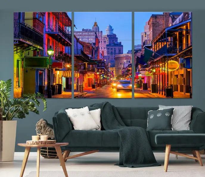 The "New Orleans Louisiana" painting, featuring a vibrant urban street scene and protected with a UV-resistant coating, is crafted on museum-quality polycotton and ready to hang. The artwork adds an elegant touch to the space.