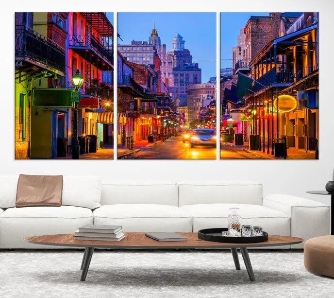 The "New Orleans Louisiana" painting, featuring a vibrant urban street scene and protected with a UV-resistant coating, is crafted on museum-quality polycotton and ready to hang. The artwork adds an elegant touch to the space.