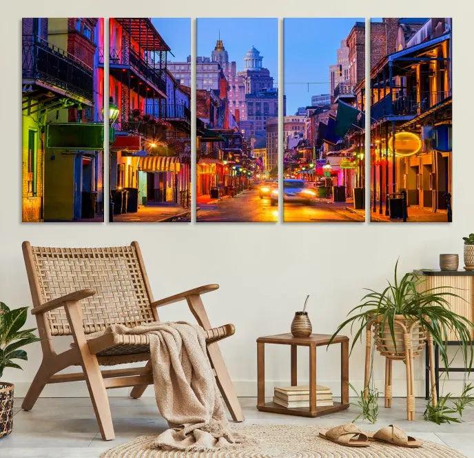 The "New Orleans Louisiana" painting, featuring a vibrant urban street scene and protected with a UV-resistant coating, is crafted on museum-quality polycotton and ready to hang. The artwork adds an elegant touch to the space.