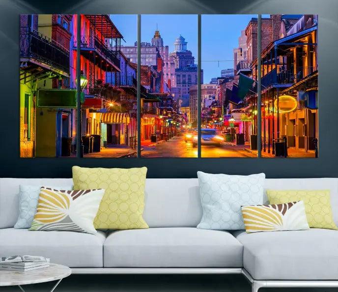 The "New Orleans Louisiana" painting, featuring a vibrant urban street scene and protected with a UV-resistant coating, is crafted on museum-quality polycotton and ready to hang. The artwork adds an elegant touch to the space.