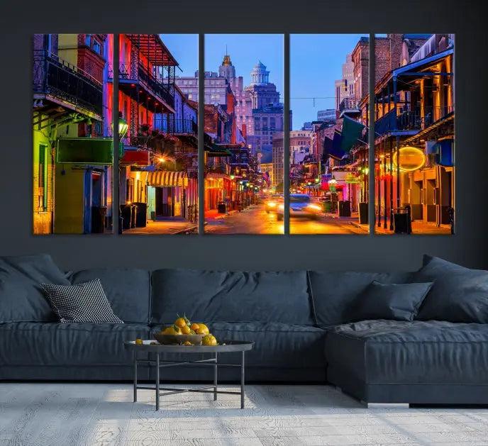 The "New Orleans Louisiana" painting, featuring a vibrant urban street scene and protected with a UV-resistant coating, is crafted on museum-quality polycotton and ready to hang. The artwork adds an elegant touch to the space.