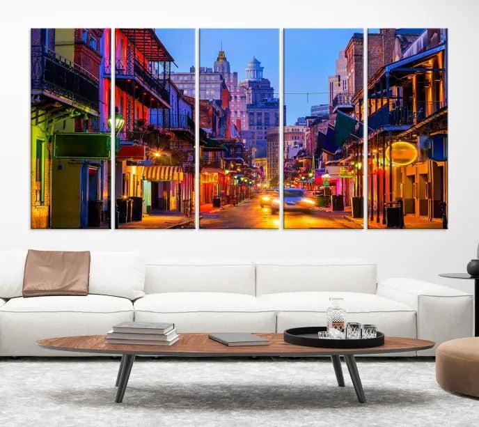 The "New Orleans Louisiana" painting, featuring a vibrant urban street scene and protected with a UV-resistant coating, is crafted on museum-quality polycotton and ready to hang. The artwork adds an elegant touch to the space.