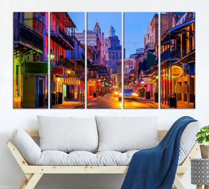 The "New Orleans Louisiana" painting, featuring a vibrant urban street scene and protected with a UV-resistant coating, is crafted on museum-quality polycotton and ready to hang. The artwork adds an elegant touch to the space.