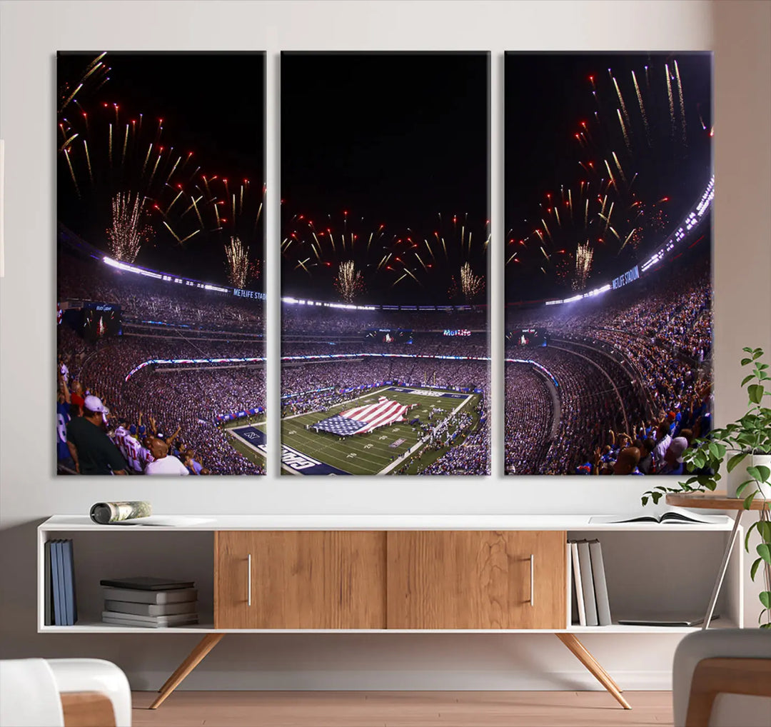 Immerse yourself in the electrifying atmosphere of a packed football stadium, beautifully captured in this New York Giants Football Team Print. Featuring a breathtaking U.S. flag display and fireworks illuminating the night sky at East Rutherford's MetLife Stadium, this premium canvas print comes with a gallery-quality finish that brings the thrill of the game into any space.