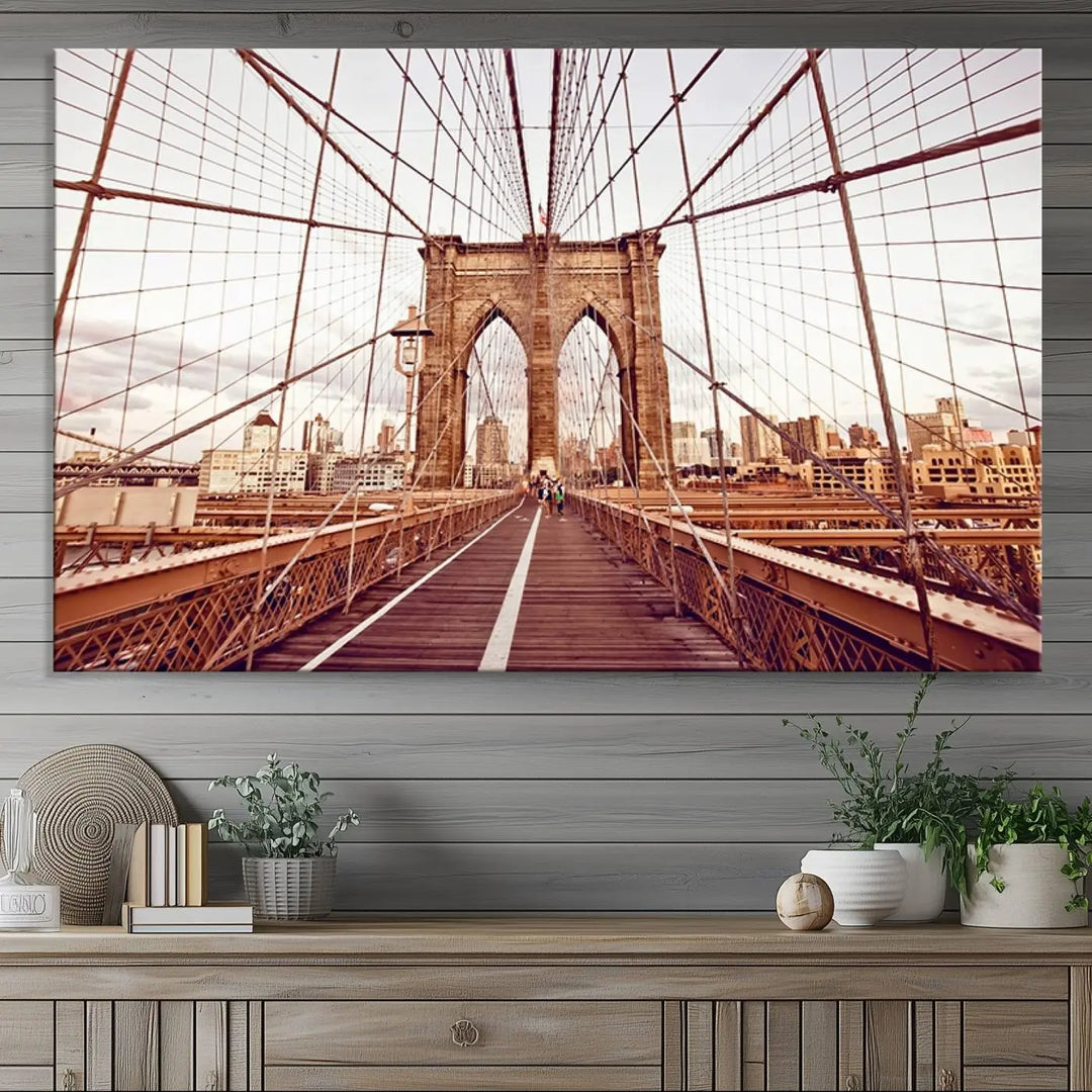 The "New York Manhattan Cityscape Canvas Wall Art Print - Stunning Urban Skyline Decor" enhances the living room's ambiance. This artwork beautifully captures the Brooklyn Bridge while effortlessly blending with urban skyline decor.