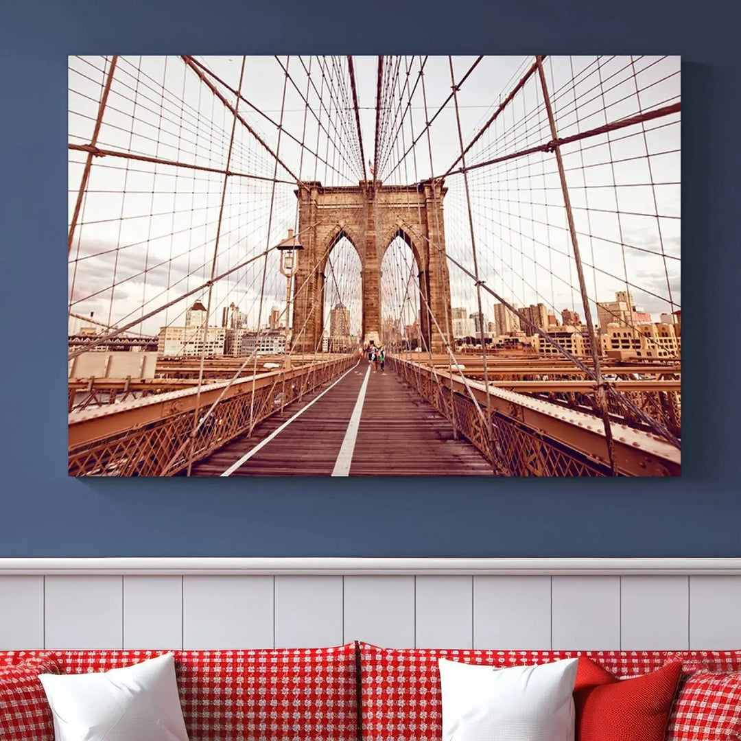 The "New York Manhattan Cityscape Canvas Wall Art Print - Stunning Urban Skyline Decor" enhances the living room's ambiance. This artwork beautifully captures the Brooklyn Bridge while effortlessly blending with urban skyline decor.