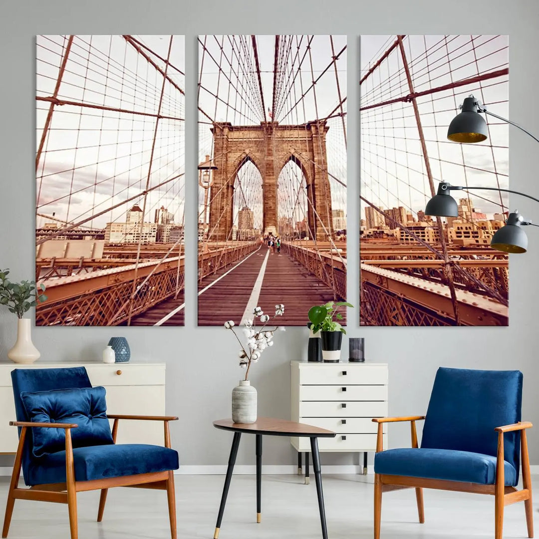 The "New York Manhattan Cityscape Canvas Wall Art Print - Stunning Urban Skyline Decor" enhances the living room's ambiance. This artwork beautifully captures the Brooklyn Bridge while effortlessly blending with urban skyline decor.