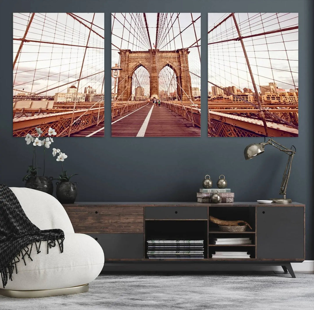 The "New York Manhattan Cityscape Canvas Wall Art Print - Stunning Urban Skyline Decor" enhances the living room's ambiance. This artwork beautifully captures the Brooklyn Bridge while effortlessly blending with urban skyline decor.