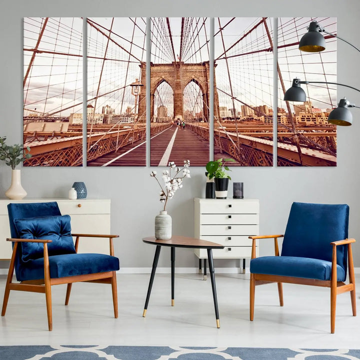 The "New York Manhattan Cityscape Canvas Wall Art Print - Stunning Urban Skyline Decor" enhances the living room's ambiance. This artwork beautifully captures the Brooklyn Bridge while effortlessly blending with urban skyline decor.