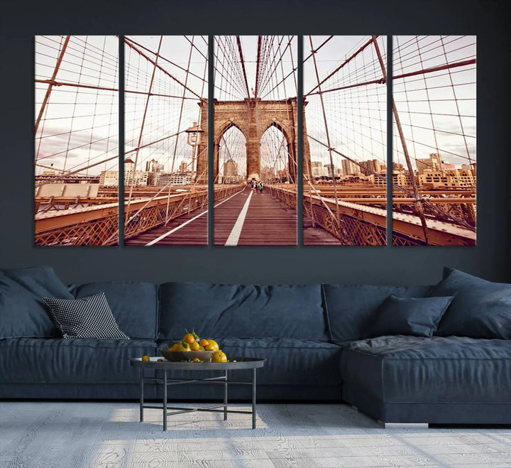 The "New York Manhattan Cityscape Canvas Wall Art Print - Stunning Urban Skyline Decor" enhances the living room's ambiance. This artwork beautifully captures the Brooklyn Bridge while effortlessly blending with urban skyline decor.