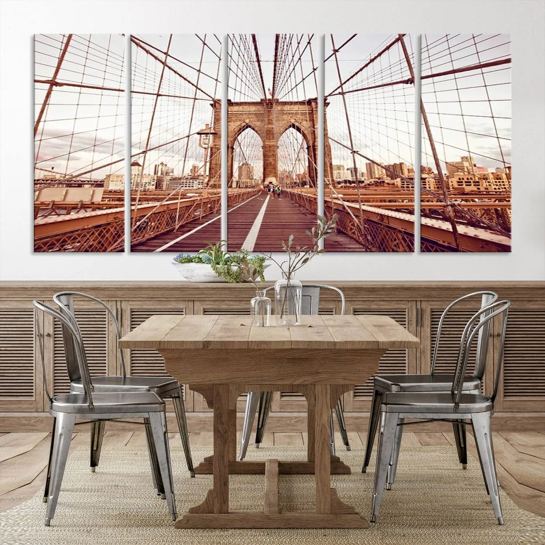 The "New York Manhattan Cityscape Canvas Wall Art Print - Stunning Urban Skyline Decor" enhances the living room's ambiance. This artwork beautifully captures the Brooklyn Bridge while effortlessly blending with urban skyline decor.