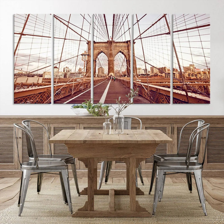 The "New York Manhattan Cityscape Canvas Wall Art Print - Stunning Urban Skyline Decor" enhances the living room's ambiance. This artwork beautifully captures the Brooklyn Bridge while effortlessly blending with urban skyline decor.