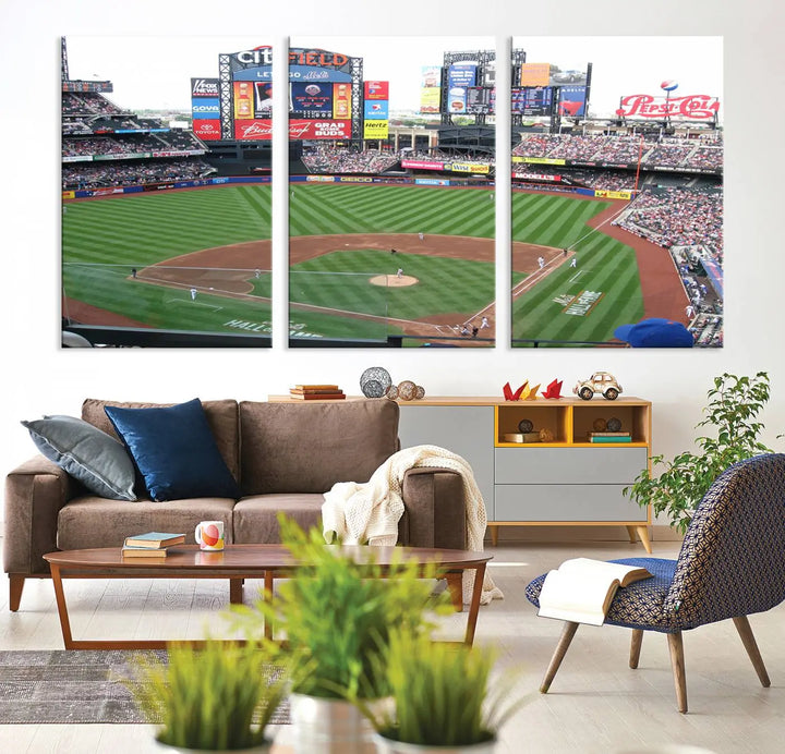 The living room features a panoramic New York Mets Baseball Team print of Citi Field on the wall, crafted as premium handmade canvas wall art from the USA.