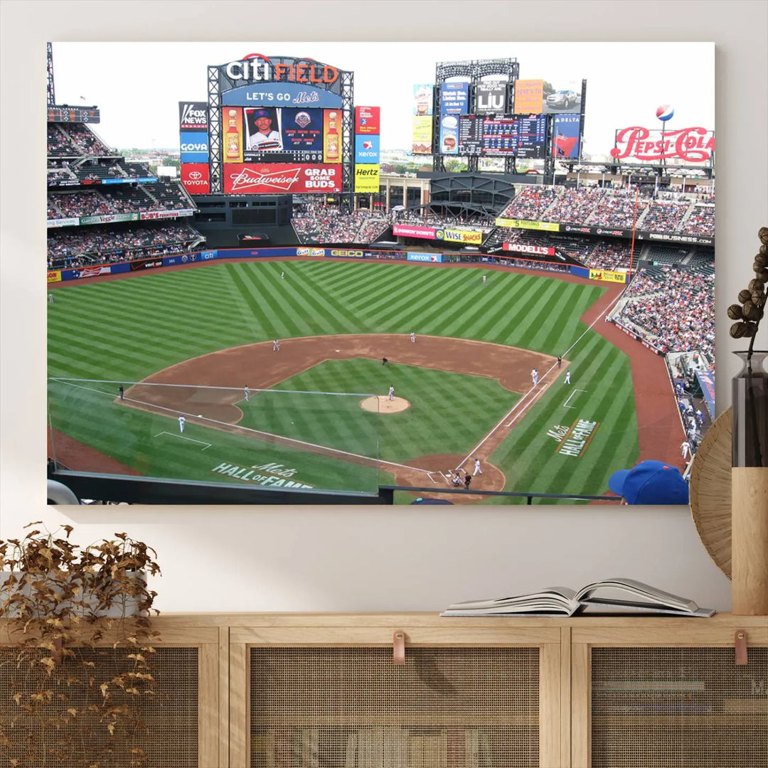 The living room features a panoramic New York Mets Baseball Team print of Citi Field on the wall, crafted as premium handmade canvas wall art from the USA.