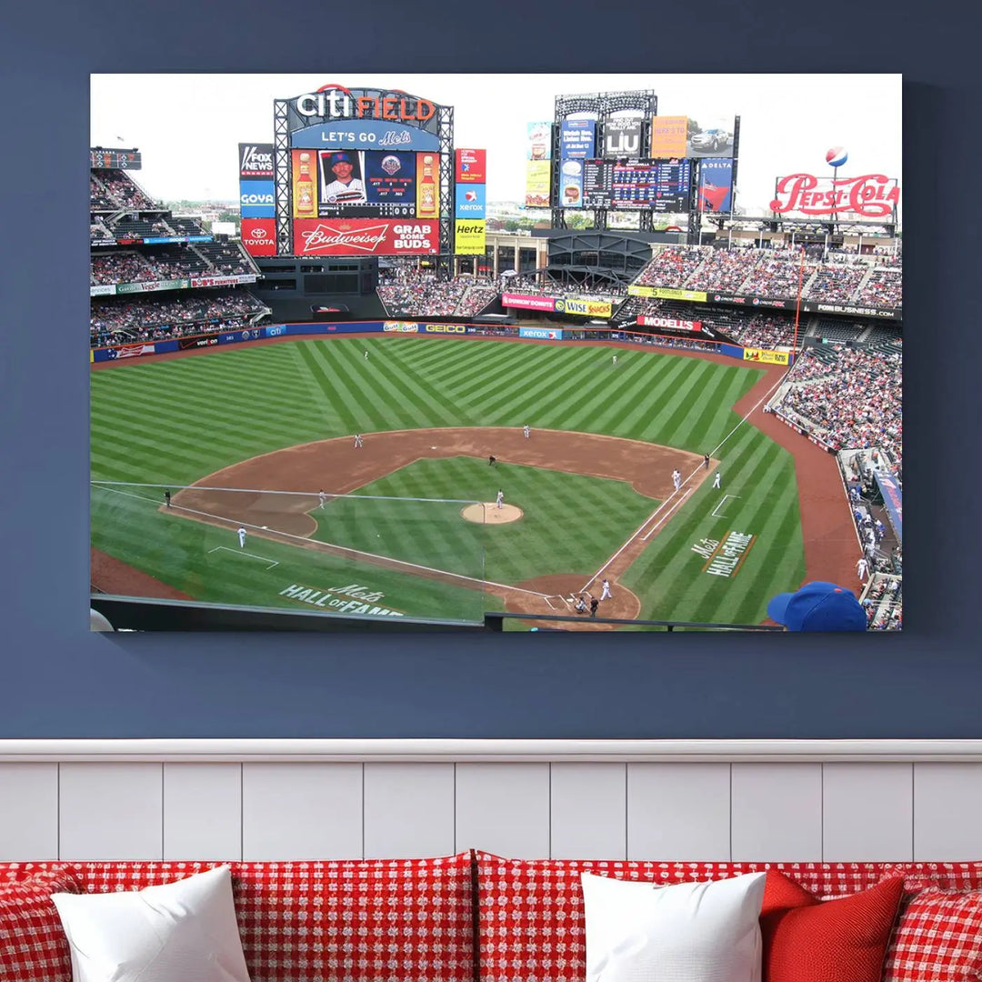 The living room features a panoramic New York Mets Baseball Team print of Citi Field on the wall, crafted as premium handmade canvas wall art from the USA.