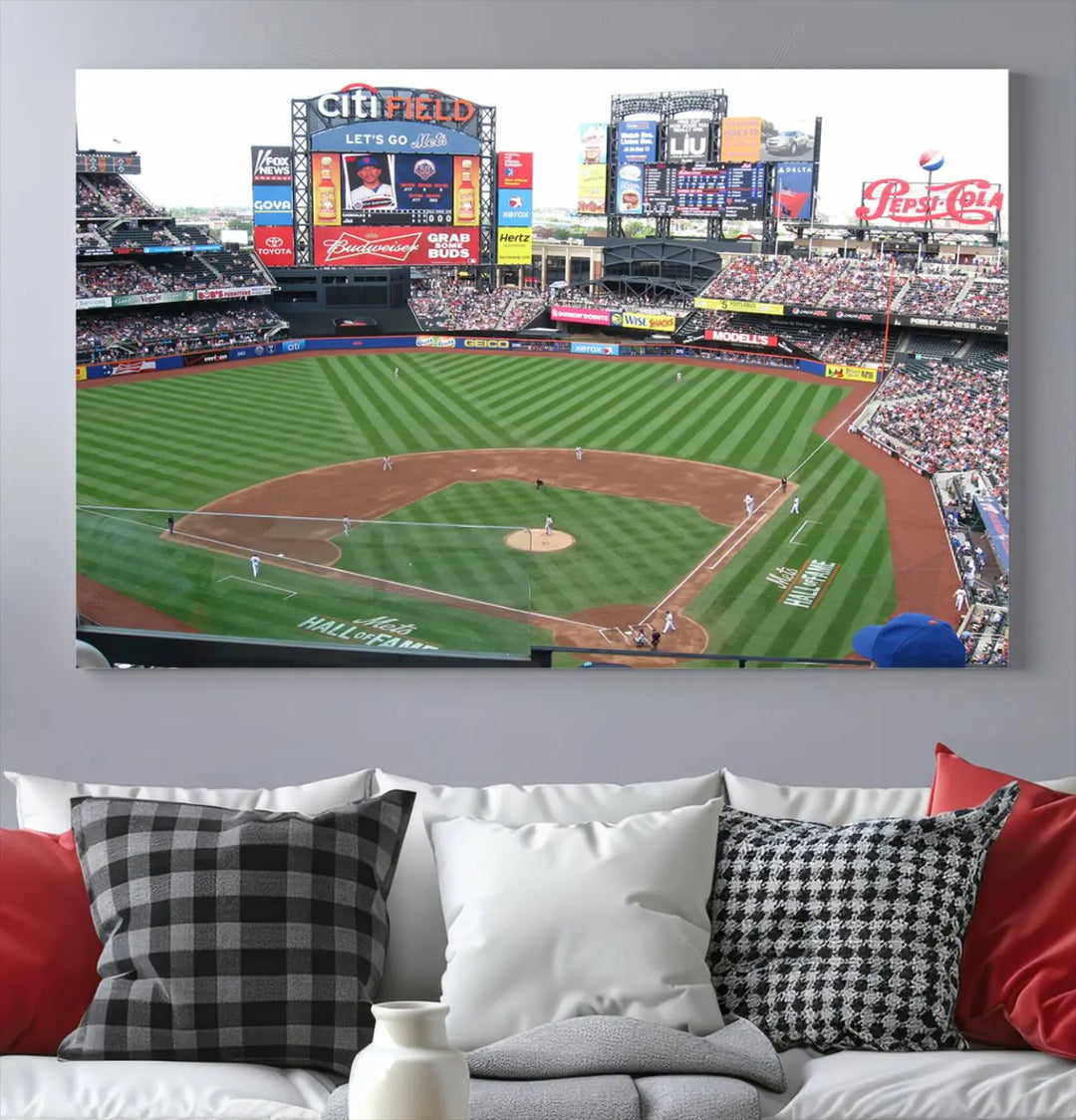 The living room features a panoramic New York Mets Baseball Team print of Citi Field on the wall, crafted as premium handmade canvas wall art from the USA.