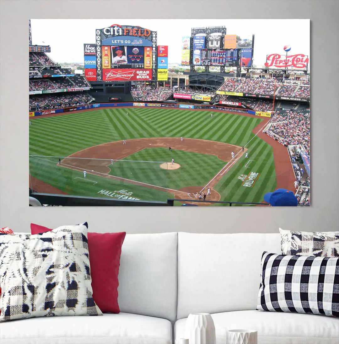 The living room features a panoramic New York Mets Baseball Team print of Citi Field on the wall, crafted as premium handmade canvas wall art from the USA.