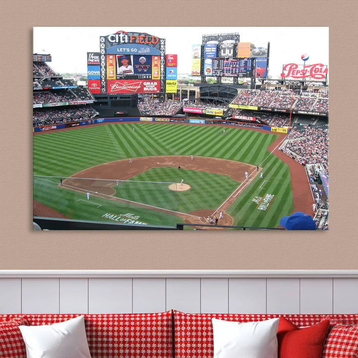 The living room features a panoramic New York Mets Baseball Team print of Citi Field on the wall, crafted as premium handmade canvas wall art from the USA.