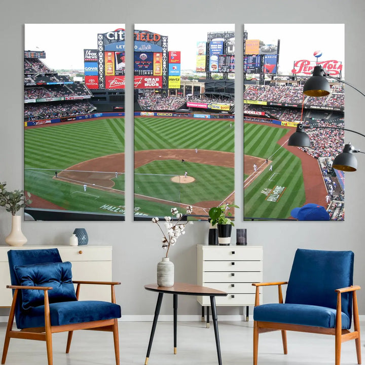 The living room features a panoramic New York Mets Baseball Team print of Citi Field on the wall, crafted as premium handmade canvas wall art from the USA.