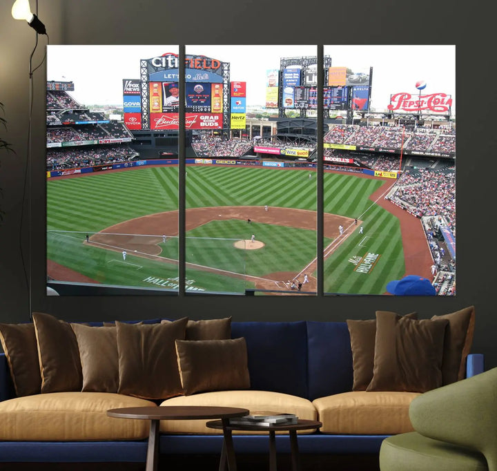 The living room features a panoramic New York Mets Baseball Team print of Citi Field on the wall, crafted as premium handmade canvas wall art from the USA.