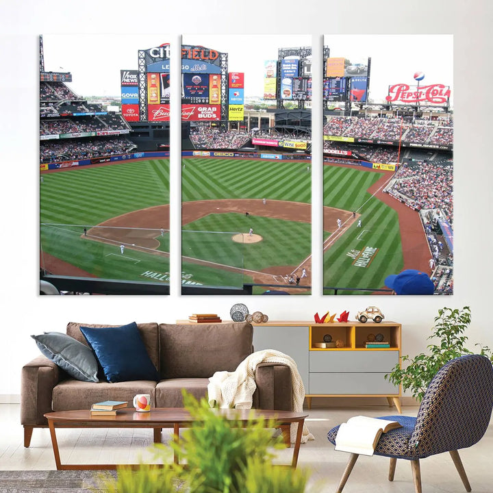 The living room features a panoramic New York Mets Baseball Team print of Citi Field on the wall, crafted as premium handmade canvas wall art from the USA.