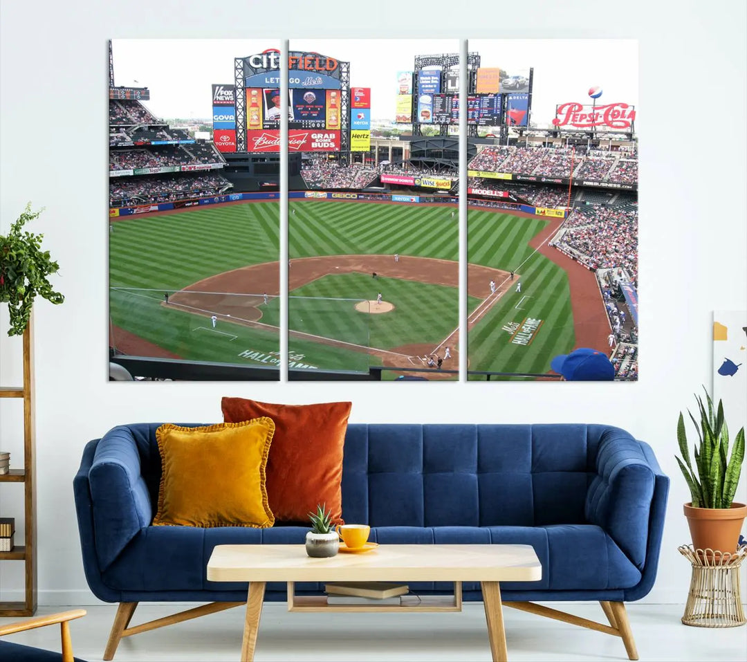 The living room features a panoramic New York Mets Baseball Team print of Citi Field on the wall, crafted as premium handmade canvas wall art from the USA.