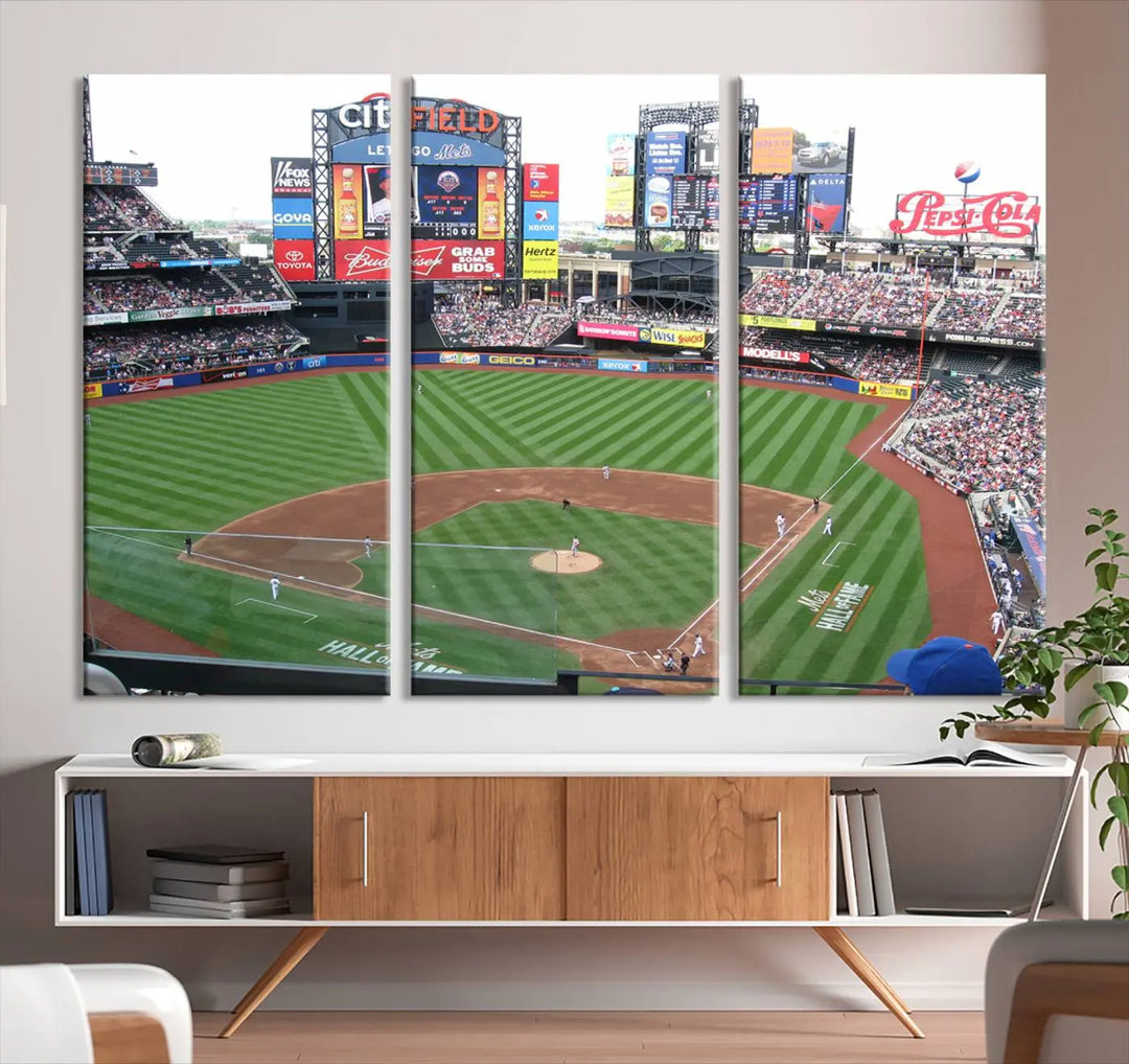 The living room features a panoramic New York Mets Baseball Team print of Citi Field on the wall, crafted as premium handmade canvas wall art from the USA.