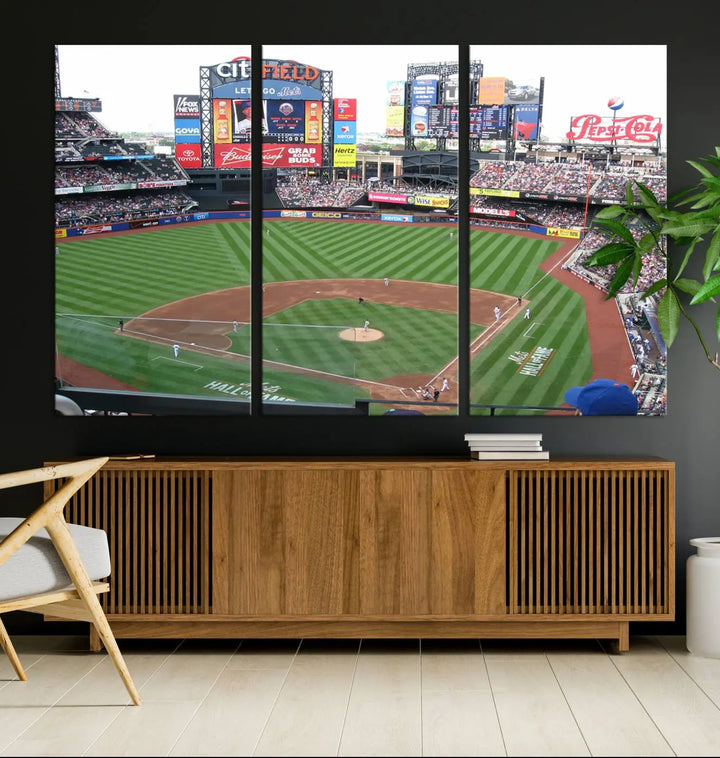 The living room features a panoramic New York Mets Baseball Team print of Citi Field on the wall, crafted as premium handmade canvas wall art from the USA.