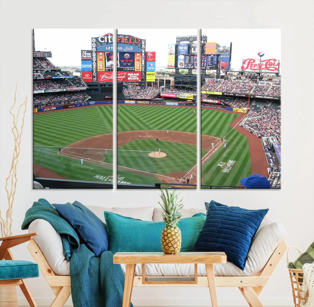 The living room features a panoramic New York Mets Baseball Team print of Citi Field on the wall, crafted as premium handmade canvas wall art from the USA.