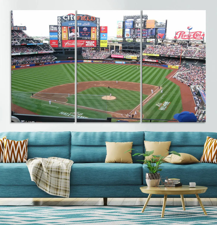 The living room features a panoramic New York Mets Baseball Team print of Citi Field on the wall, crafted as premium handmade canvas wall art from the USA.