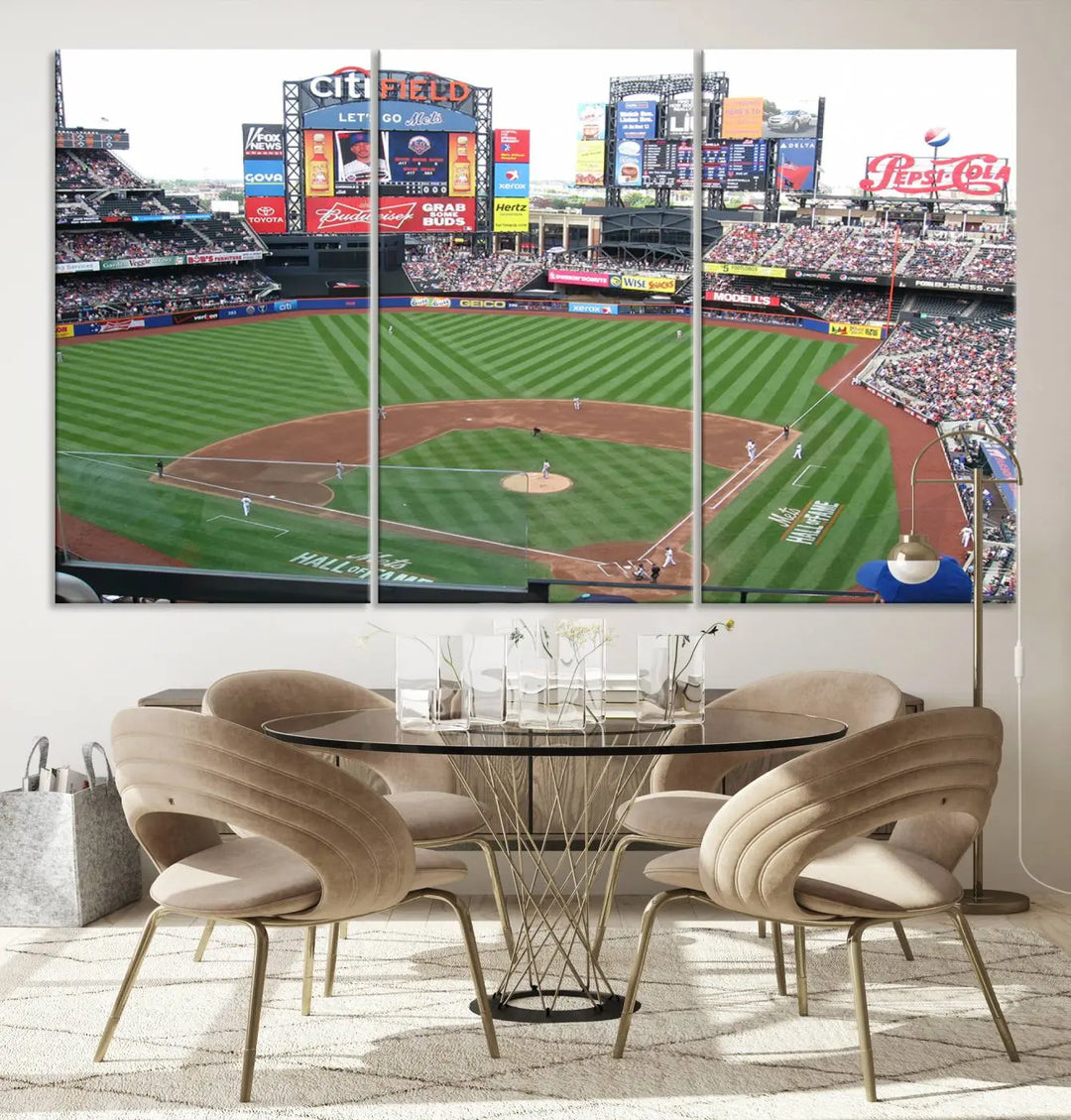 The living room features a panoramic New York Mets Baseball Team print of Citi Field on the wall, crafted as premium handmade canvas wall art from the USA.