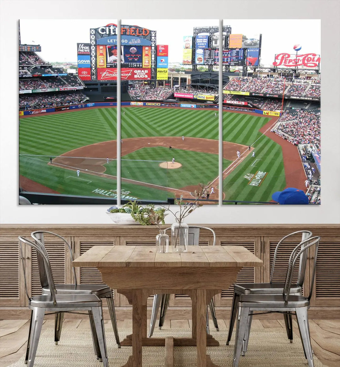 The living room features a panoramic New York Mets Baseball Team print of Citi Field on the wall, crafted as premium handmade canvas wall art from the USA.