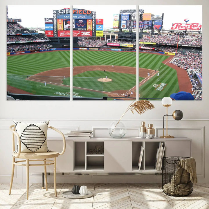 The living room features a panoramic New York Mets Baseball Team print of Citi Field on the wall, crafted as premium handmade canvas wall art from the USA.