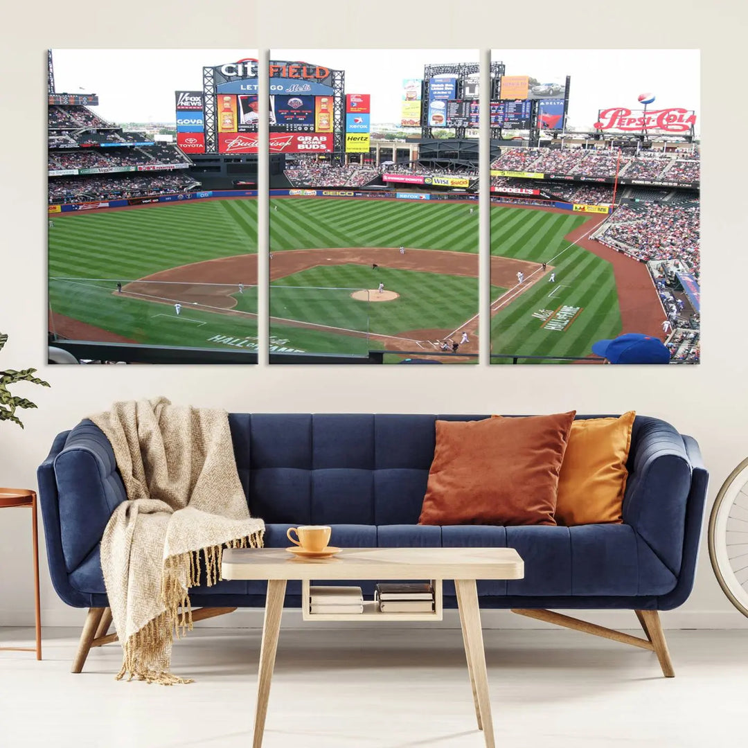 The living room features a panoramic New York Mets Baseball Team print of Citi Field on the wall, crafted as premium handmade canvas wall art from the USA.