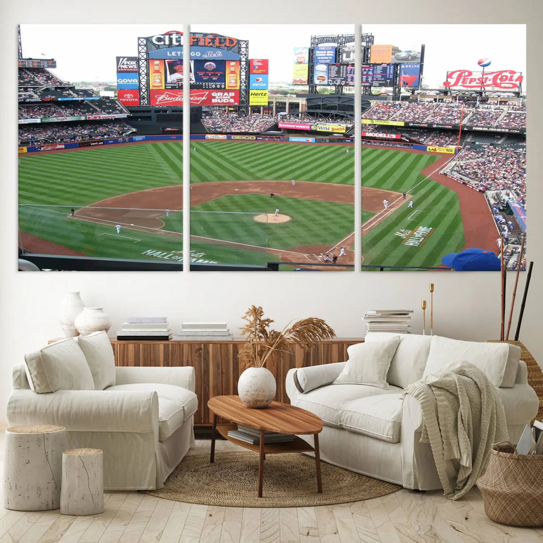 The living room features a panoramic New York Mets Baseball Team print of Citi Field on the wall, crafted as premium handmade canvas wall art from the USA.