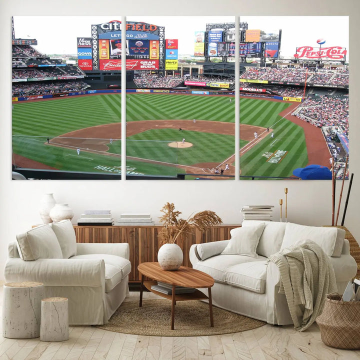 The living room features a panoramic New York Mets Baseball Team print of Citi Field on the wall, crafted as premium handmade canvas wall art from the USA.