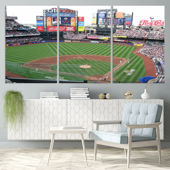 The living room features a panoramic New York Mets Baseball Team print of Citi Field on the wall, crafted as premium handmade canvas wall art from the USA.