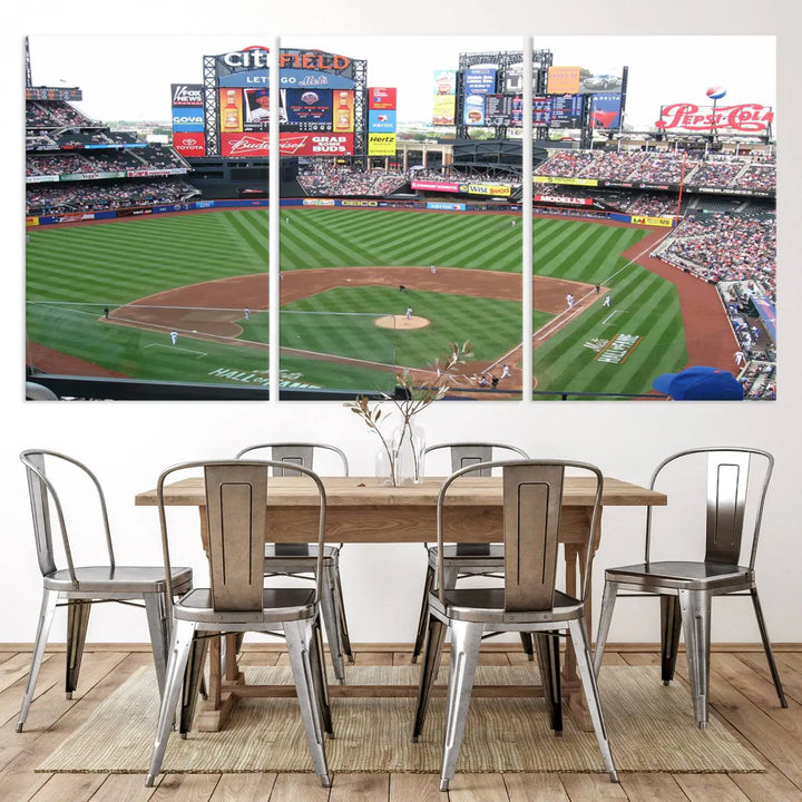 The living room features a panoramic New York Mets Baseball Team print of Citi Field on the wall, crafted as premium handmade canvas wall art from the USA.