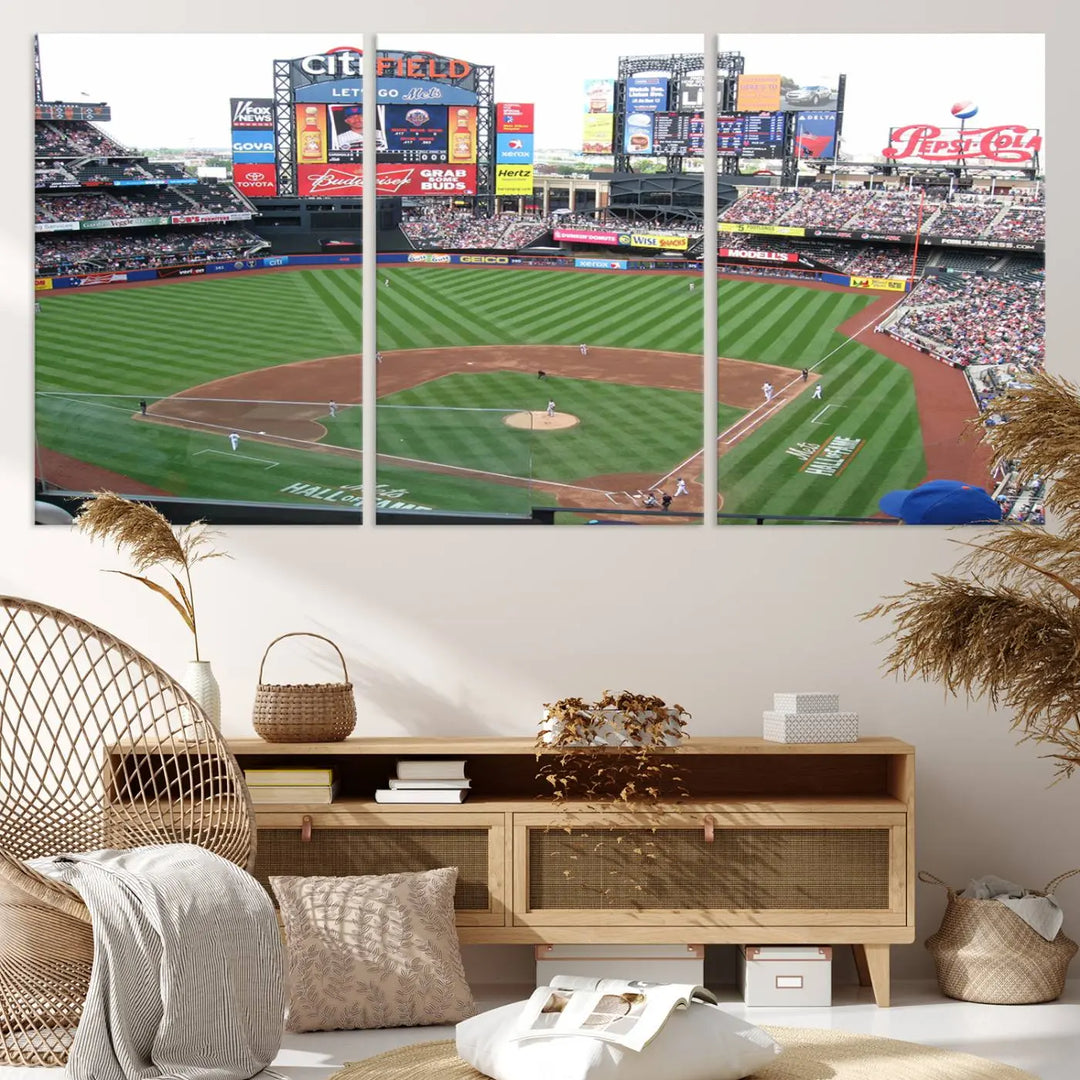 The living room features a panoramic New York Mets Baseball Team print of Citi Field on the wall, crafted as premium handmade canvas wall art from the USA.