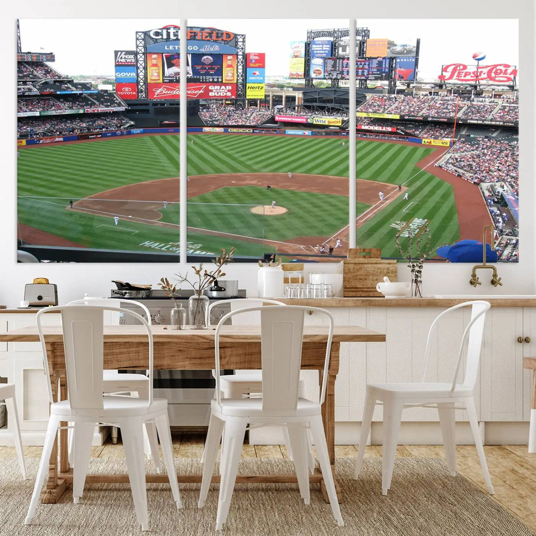 The living room features a panoramic New York Mets Baseball Team print of Citi Field on the wall, crafted as premium handmade canvas wall art from the USA.