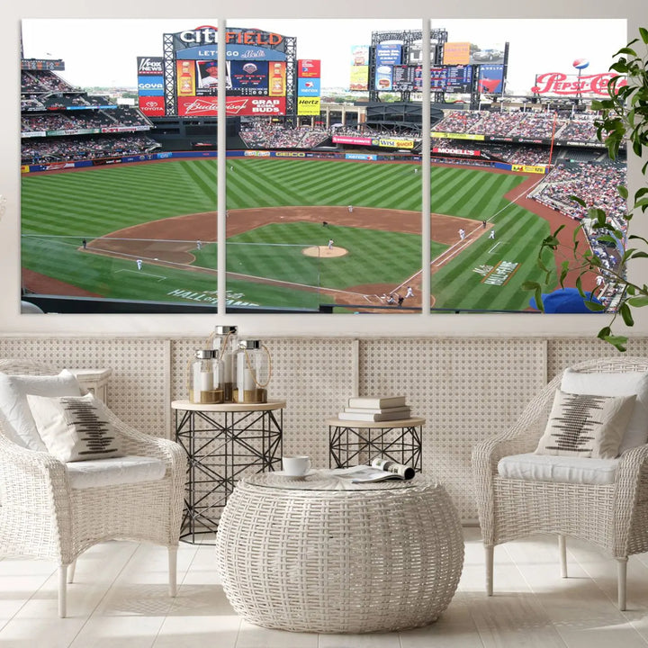 The living room features a panoramic New York Mets Baseball Team print of Citi Field on the wall, crafted as premium handmade canvas wall art from the USA.