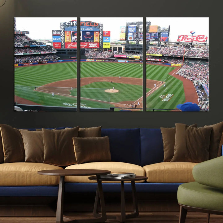 The living room features a panoramic New York Mets Baseball Team print of Citi Field on the wall, crafted as premium handmade canvas wall art from the USA.