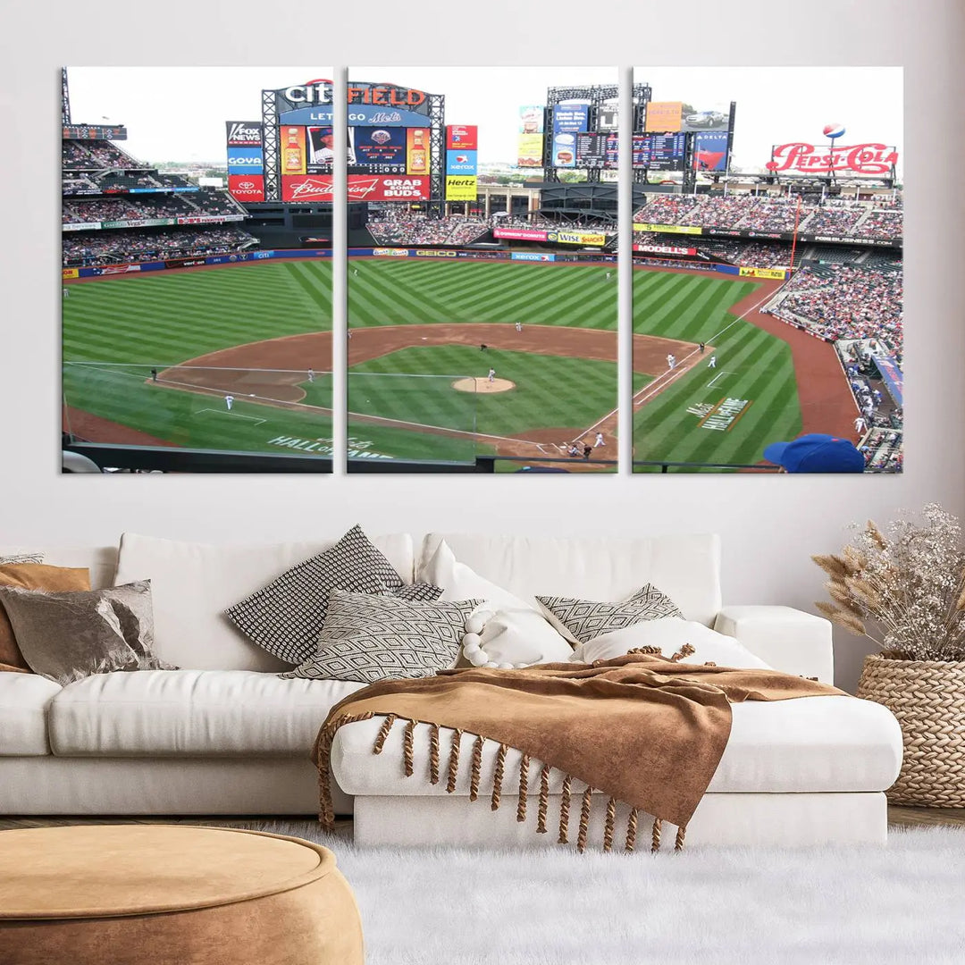 The living room features a panoramic New York Mets Baseball Team print of Citi Field on the wall, crafted as premium handmade canvas wall art from the USA.