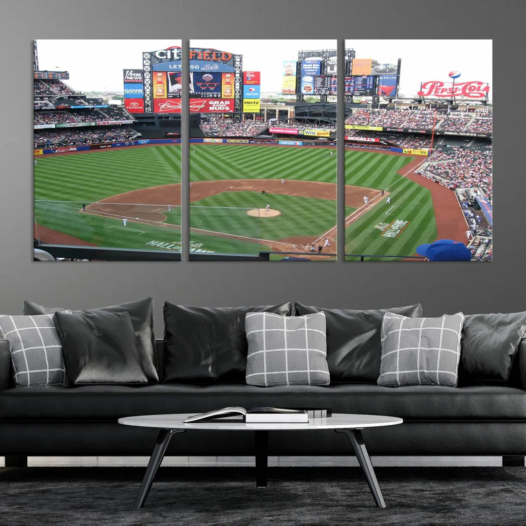 The living room features a panoramic New York Mets Baseball Team print of Citi Field on the wall, crafted as premium handmade canvas wall art from the USA.