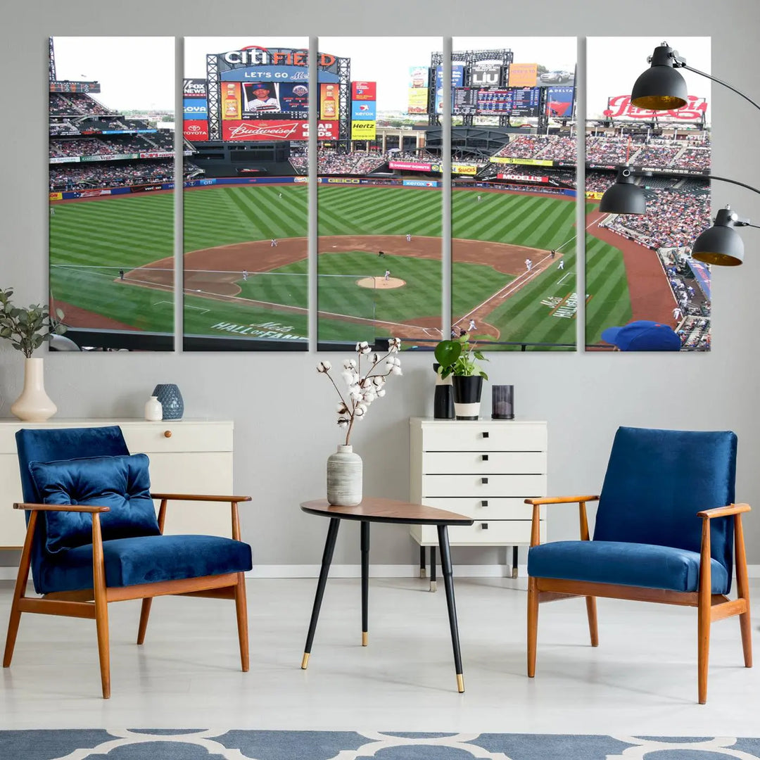 The living room features a panoramic New York Mets Baseball Team print of Citi Field on the wall, crafted as premium handmade canvas wall art from the USA.